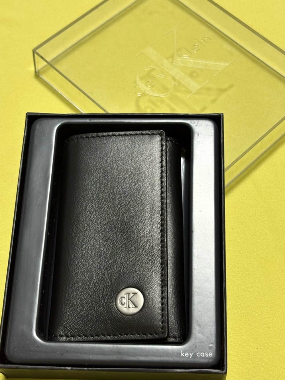 Unisex Calvin Klein Black Leather Key Holder with Silver CK Emblem